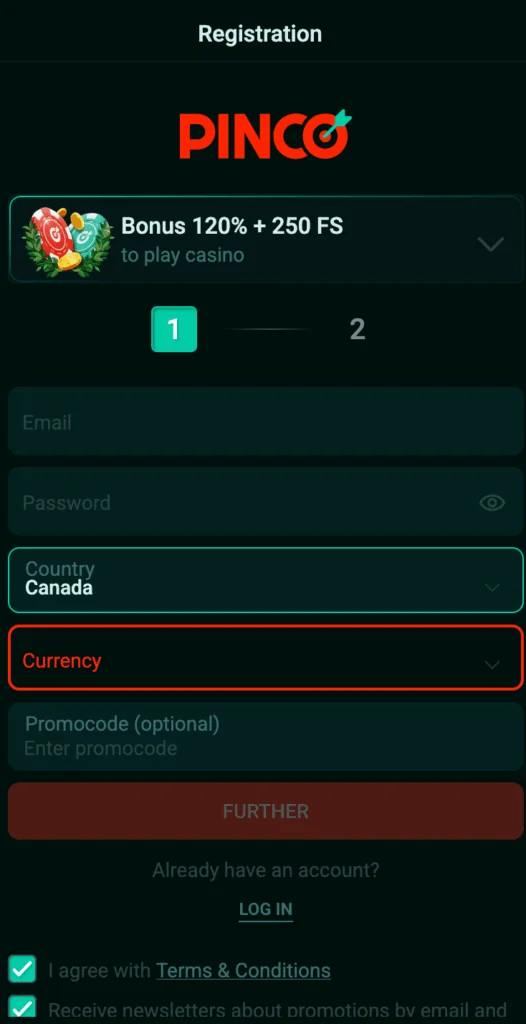 registration at casino Pinko