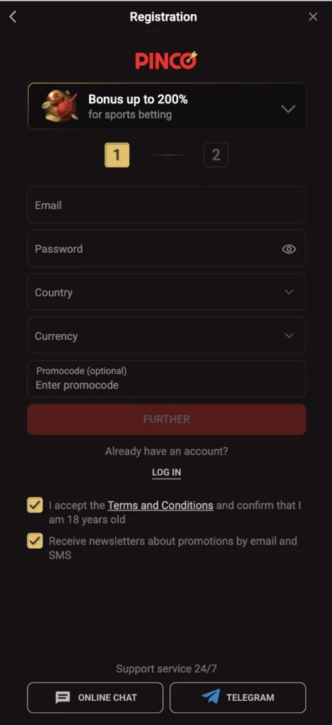 registration at casino Pinko